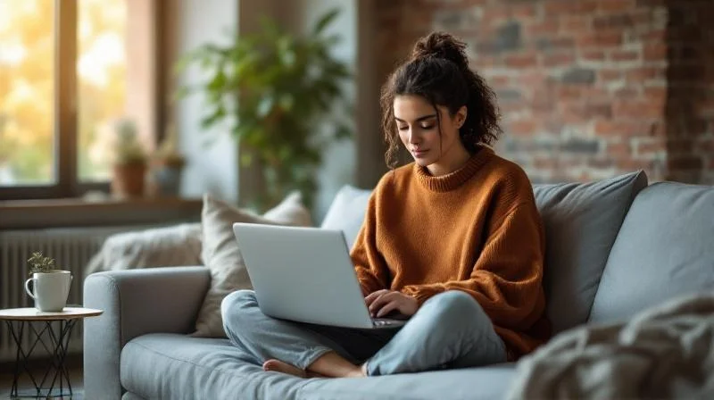 Frau sitzt mit Laptop auf dem Sofa in einer modernen Wohnung in Offenbach